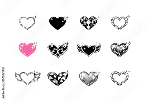 McBling. Icon set. Set Logo of McBling: rhinestone heart with sparkles. harmonious logo variations of the same emblematic concept, each with