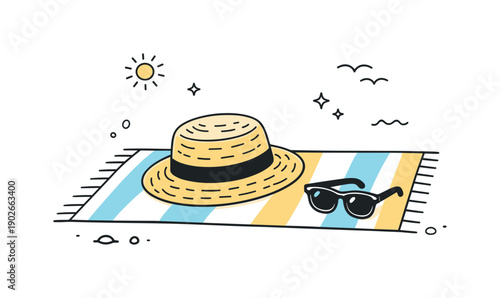 Straw hat summer vacation. A straw hat placed on a beach towel with sunglasses nearby, suggesting a peaceful holiday mood. The composition