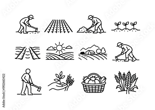 Field Work Icons. Field work with hoe. Line icon set of field work with hoe: farmer using hoe, crop rows, soil preparation scene, planted seedlings, irrigation