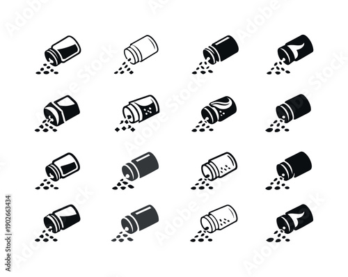 Spice Jar Icon Set. Refilling a spice jar. Icon set. Set Logo of Refilling a spice jar: open spice jar with scattered seeds. harmonious logo variations of the