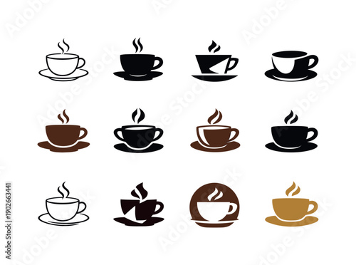 Local cafes. Icon set. Set Logo of local cafes: coffee cup and saucer. harmonious logo variations of the same emblematic concept, each with