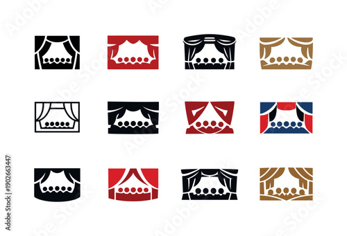 Theater performance. Icon set. Set Logo of theater performance: stage platform. harmonious logo variations of the same emblematic concept,