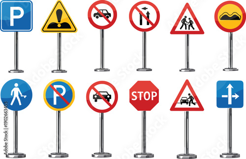 Assortment of Road Signs with Various Symbols and Shapes on White Background Keywords: road sign, traffic sign, warning sign