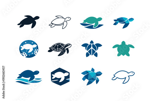 Underwater wildlife and nature photography. Icon set. Set Logo of Underwater wildlife and nature photography: swimming sea turtle. harmonious
