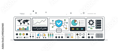 Control room panels overview. Wide control room panels filled with screens, indicators, and calm status lights, showing centralized system