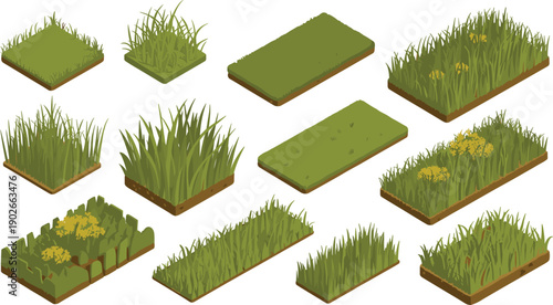 Isometric grass tile illustration featuring twelve varied terrain styles with short, tall, dense, and flowered vegetation for modular game design and environmental visualization