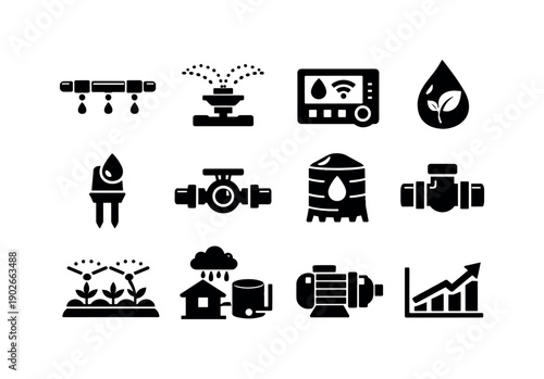 Water-Efficient Irrigation Icons. Water-efficient irrigation systems. Solid icon set of Water-efficient irrigation systems: precision drip system, adjustable