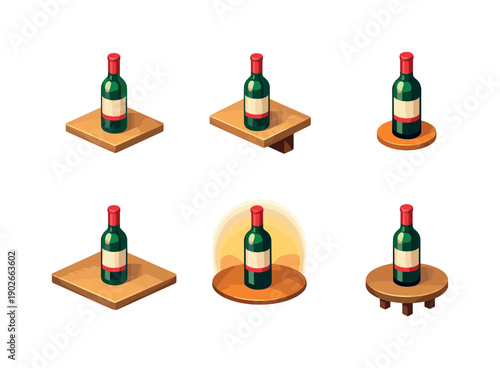 TabletopScene. Isometric flat vector icons set of TabletopScene: wine bottle on table surface, wine bottle with tabletop edge, wine bottle
