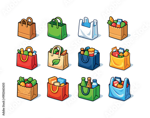 Supermarket Shopping Bags. Colorful isometric vector icons set of Supermarket Shopping Bags: paper grocery bag, reusable fabric bag, plastic