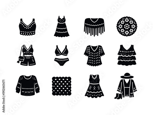 Boho Crochet Icon Set. Boho crochet style. Solid icon set of boho crochet style: boho crochet top, boho crochet dress, fringe crochet, lace crochet, festival