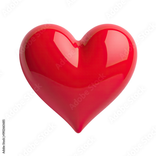 A red heart-shaped object sits on a white background
