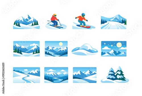 Winter mountain landscape. Colorful flat vector icons set of winter mountain landscape: snow-covered mountains, lone skier, snowboarder