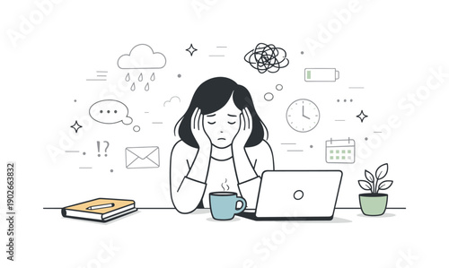 High functioning exhaustion. Calm workspace with a tidy surface but subtle shadows and fading icons around. Symbolic contrast between