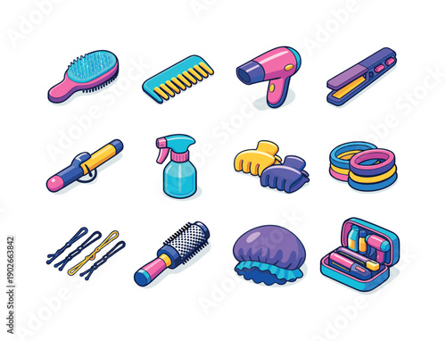 Hair Tools. Colorful isometric vector icons set of Hair Tools: detangling brush, wide tooth comb, hair dryer, flat iron, curling iron, spray