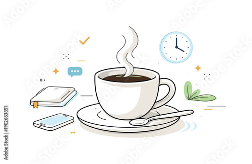 End of the workday coffee. An editorial transition scene where a coffee cup remains as the only object, symbolizing closure and routine. The