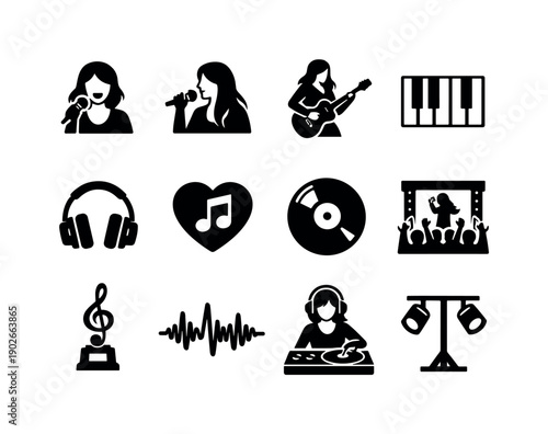 Female Musicians Icon Set. Female Musicians. Solid icon set of Female Musicians: singer icon, woman with mic, guitar player, piano keys, studio headphones,