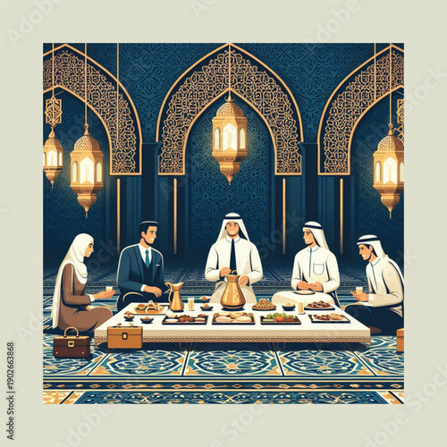 ramadan beginning saudi arabia flat arabesque vector illustration