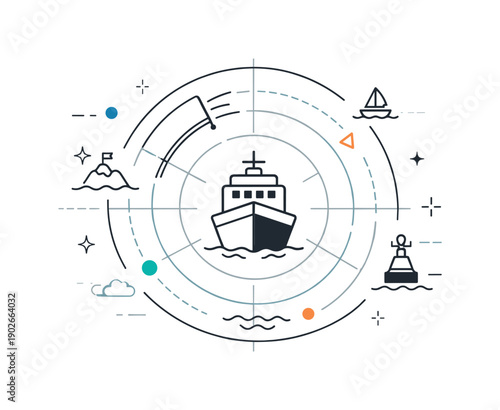 Marine navigation systems radar view. Abstract radar circles and signal lines surrounding a simplified ship icon. The scene conveys