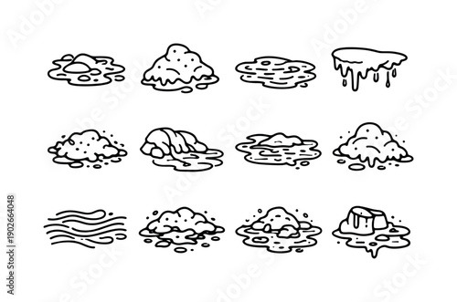 Melting Dirty Snow. Line icon set of Melting Dirty Snow: slush puddle, melting snow heap, muddy snow water, thawing snow grime, drip from