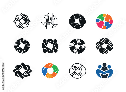 Teamwork Icon Variations. People working together in teams. Icon set. Set Logo of people working together in teams: hands joining in circle. harmonious logo
