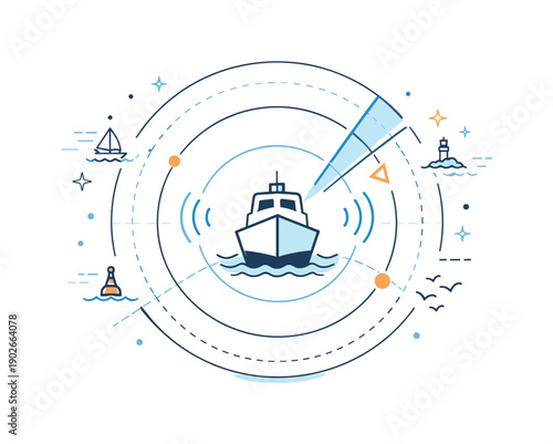 Marine navigation systems radar view. Abstract radar circles and signal lines surrounding a simplified ship icon. The scene conveys