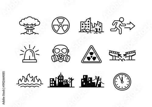 Apocalyptic Events. Line icon set of Apocalyptic Events: nuclear explosion, mushroom cloud, fallout symbol, city ruins, evacuation sign,