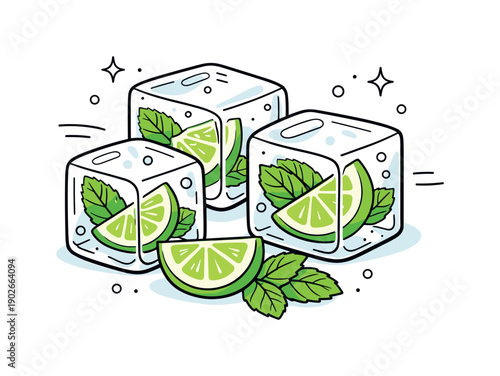 Mint lime ice cubes close-up. Transparent ice cubes with visible mint and lime details, shown in a zoomed, simple view. The illustration