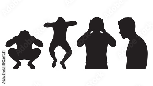 Distressed Men Silhouettes Suffering from Pain and Anxiety Isolated on White Background