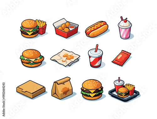 Colorful Fast Food Icons. Fast Food. Colorful isometric vector icons set of Fast Food: burger and fries, chicken nuggets, hot dog, milkshake, fried fish