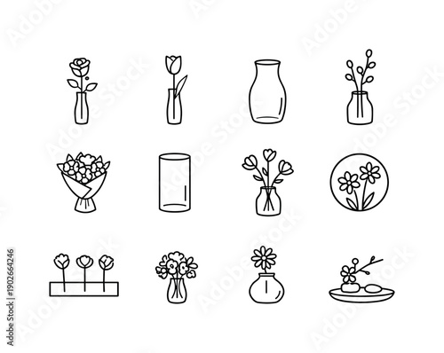 Minimal Floral Centerpieces. Line icon set of Minimal Floral Centerpieces: single rose vase, lone tulip, simple glass vase, branch with buds,