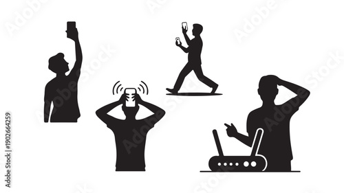 Smartphone Users Facing Internet Connectivity Problems Silhouette Vector Illustration