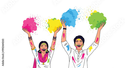 Holi celebration vector illustration, colorful powder throwing couple, for festival or cultural event banner, poster, or social media graphic, isolated on transparent background, png