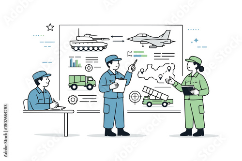 Military hardware briefing. Simple characters reviewing diagrams and schematics of equipment on a board, calm discussion and analysis. The