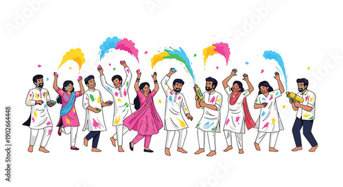 Holi celebration vector illustration, people throwing colorful powder, for festival or cultural event banner or poster, isolated on transparent background, png