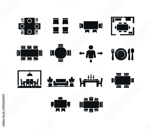 dining room setup. Solid icon set of dining room setup: dining table top view, chair arrangement, table alignment, dining layout plan,