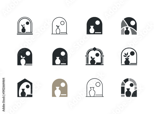 Interior aesthetics. Icon set. Set Logo of interior aesthetics: decorative wall art frame. harmonious logo variations of the same emblematic