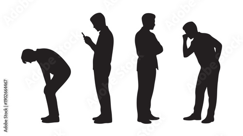 Male Silhouettes Posing in Various Actions Isolated on White Background Vector