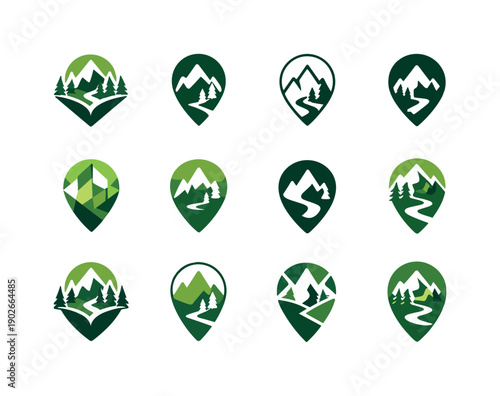 Eco-Tourism Logo Grid. Eco-tourism and sustainable travel. Icon set. Set Logo of Eco-tourism and sustainable travel: nature route marker icon. harmonious logo
