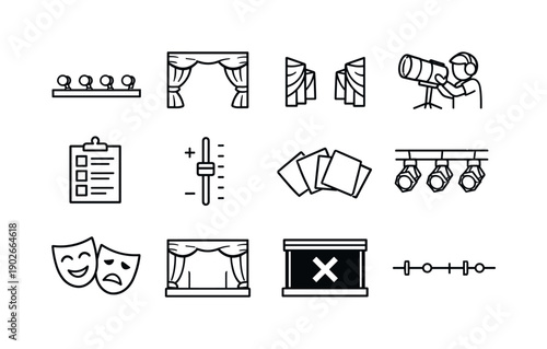 Theater Lighting Icons. Theater Stage Lighting. Line icon set of Theater Stage Lighting: footlights, proscenium arch, stage wings, spotlight operator, lighting