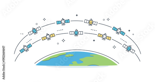 Orbital Satellite Network. Low Earth orbit network. Satellites e