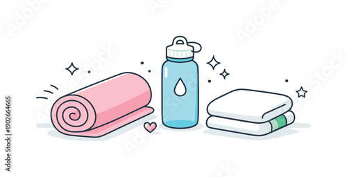 Yoga mat pastel wellness concept. Rolled pastel yoga mat with a water bottle and towel nearby, clean and organized scene. The illustration