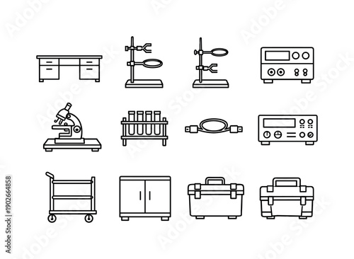 Lab equipment setup. Line icon set of lab equipment setup: lab bench, equipment stand, clamp holder, ring stand, power supply, microscope