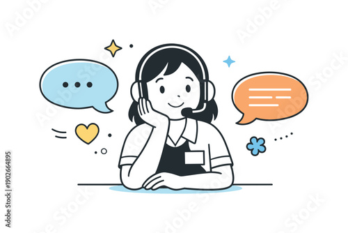 Customer-facing emotional labor. Worker listening attentively with speech bubbles and soft symbols around. Friendly communication, patience,
