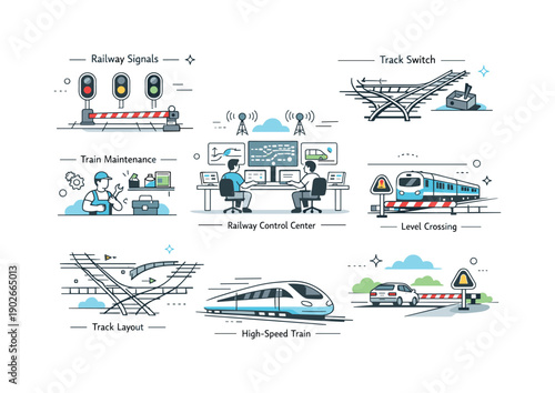 Railway engineering diagrams. Abstract editorial layout combining multiple small railway schematics on one page. Overview of systems and