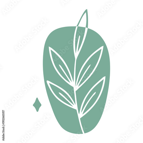 Delicate white leaf line art over a sage green organic shape, minimalist botanical illustration with a tiny star accent, modern boho style.