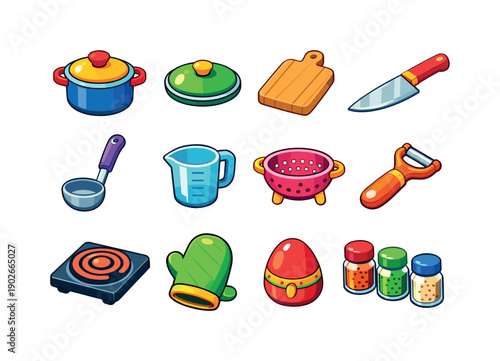 Kitchen cooking tools. Colorful isometric vector icons set of kitchen cooking tools: cooking pot, saucepan lid, cutting board, chef knife,
