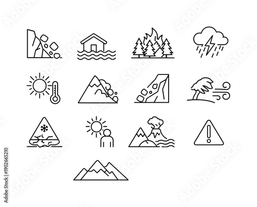 Environmental Danger Exposure. Line icon set of Environmental Danger Exposure: rockfall risk, flood zone, wildfire area, storm warning,