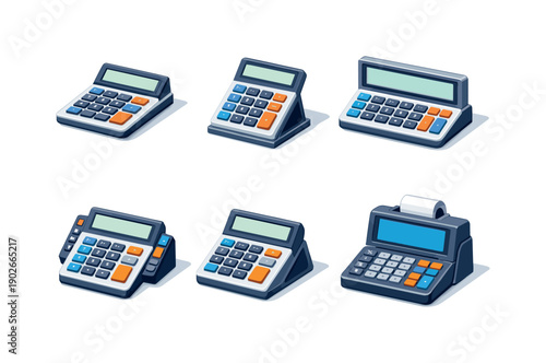 Isometric Calculator Grid. Finance workspace. Isometric flat vector icons set of finance workspace: calculator on desk base, calculator with support stand,