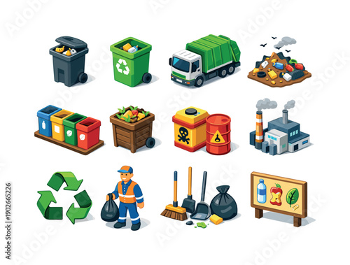 Waste management. Colorful isometric vector icons set of Waste management: trash bin, recycling bin, garbage truck, landfill site, waste