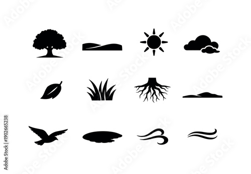 Solitary Tree Icons. Solitary Tree Landscape. Solid icon set of Solitary Tree Landscape: lone tree silhouette, wide field, rolling hills, sky with sun,